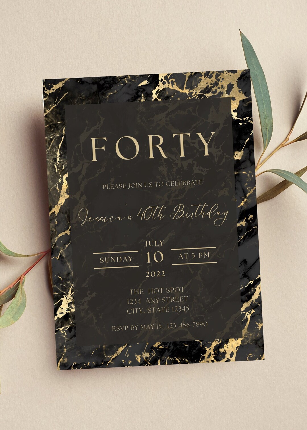 Editable Black and Gold Birthday Invitation, Black Marble Invitation ...