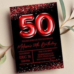 Editable 50th Birthday Invitation, Red and Black Invitation, Red 50 Balloon, Milestone Birthday, Glitter, Printable or Digital