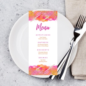 Edytowalny różowy i pomarańczowy szablon karty menu, urodziny, menu obiadowe, menu stołowe, menu na baby shower, menu weselne, karty menu, do druku