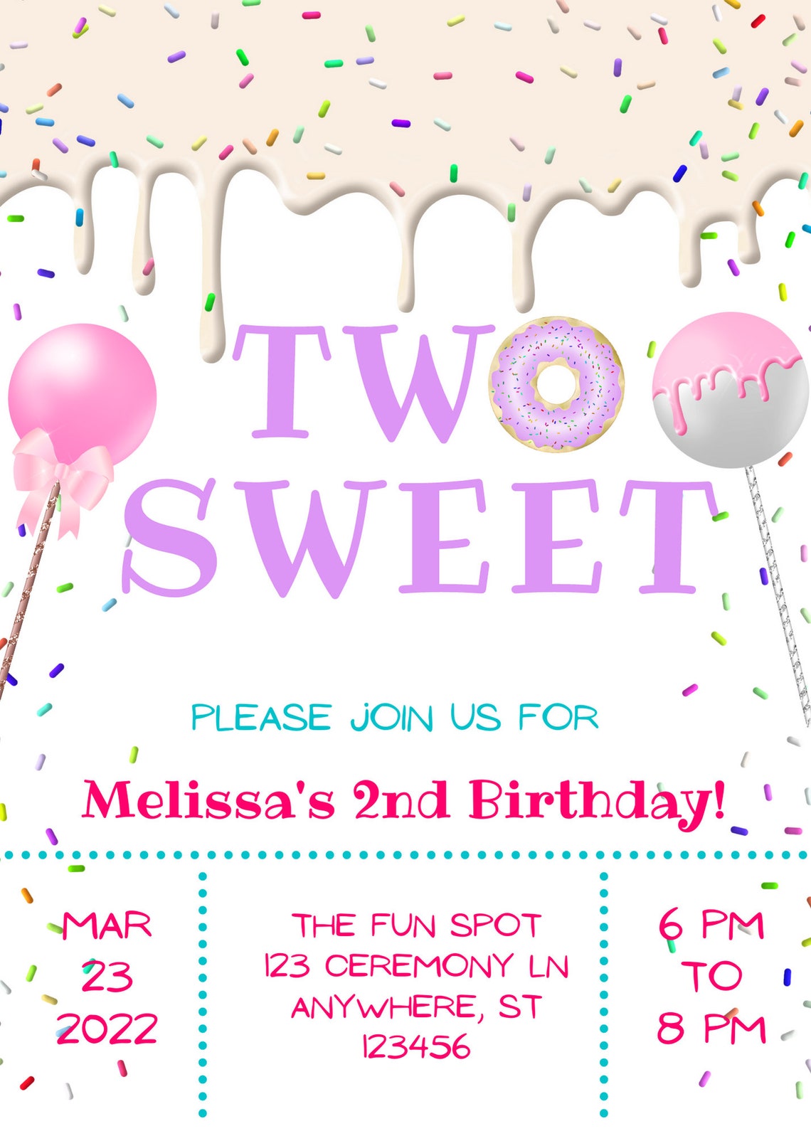 Editable Two Sweet Birthday Invitation Dripping Vanilla Etsy