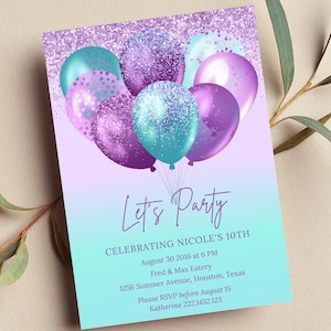 Bearbeitbare Teal und Lila Geburtstagseinladung, lassen Sie uns Party Ballons einladen, druckbar oder digital