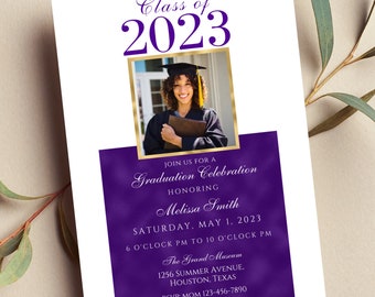 Editable Graduation Invitation 2024 with Photo, Purple Graduation Announcement, Graduation Party, Dinner, Class of 2024, Print or Text