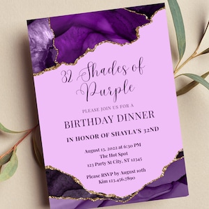 Editable Shades of Purple Invitation, Purple and Gold Birthday Dinner, Brunch, Wedding, Any Occasion, Print or Text Invite