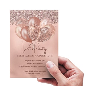 Editable Rose Gold Birthday Invitation, Let's Party Rose Gold Balloons ...