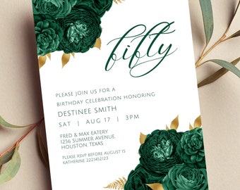 Editable Emerald Green and Gold Floral Invitation, Emerald Green and Gold Flowers, Birthday Invitation, Printable or Text Invite