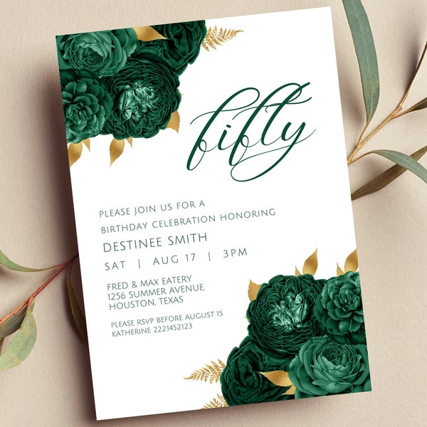 Editable Emerald Green and Gold Floral Invitation, Emerald Green and Gold Flowers, Birthday Invitation, Printable or Text Invite