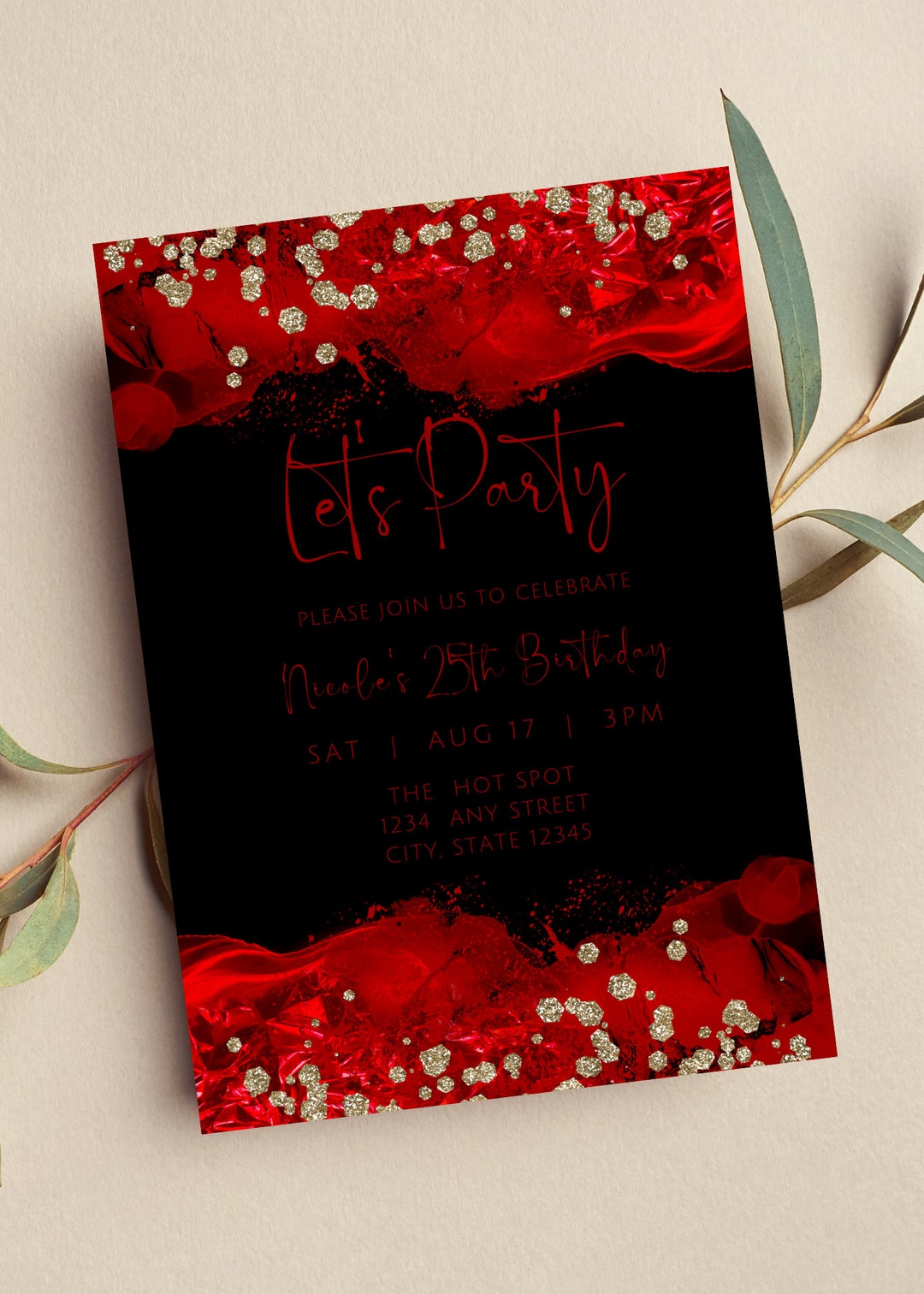 Editable Red and Black Invitation, Let's Party Birthday Invite, Glam Editable Red and Black Invitation, Let's Party Birthday Invite, Glam