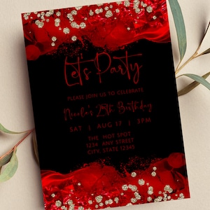 Editable Red and Black Invitation, Let&#39;s Party Birthday Invite, Glam, Abstract, Printable or Text Invite