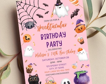 Editable Spooktacular Birthday Party Invitation Template, Pink, Printable or Digital Invite