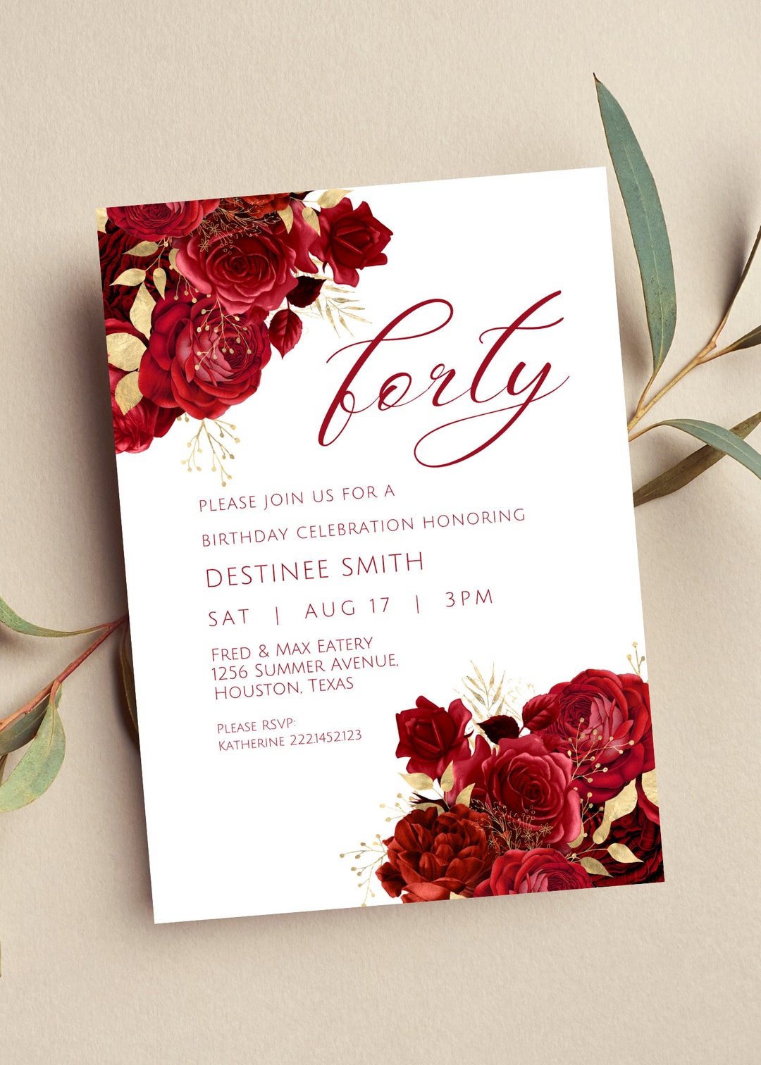 Editable Red and Gold Floral Invitation, Red and Gold Flowers, Birthday  Invitation, Printable or Text Invite - Etsy, image size:1080x1512