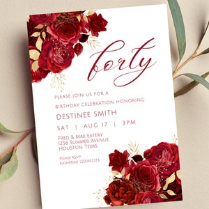 Faire-part floral rouge et or modifiable, fleurs rouges et or, faire-part d'anniversaire, invitation imprimable ou texte