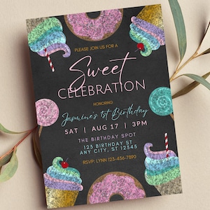 Editable Sweet Celebration Invitation, Ice Cream, Candy, Cupcake, Sweet Shop, Chalkboard Invite, Printable or Digital Invite
