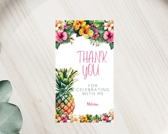 May include: A tropical-themed thank you card with a pineapple and flowers. The text reads "Thank You for celebrating with me, Melissa".