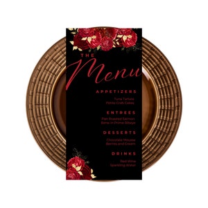 Bewerkbare menukaartsjabloon, rode, zwarte en gouden menukaarten, bloemen, dinermenu, tafelmenu, trouwmenu, brunchmenu, barmenu, afdrukbaar