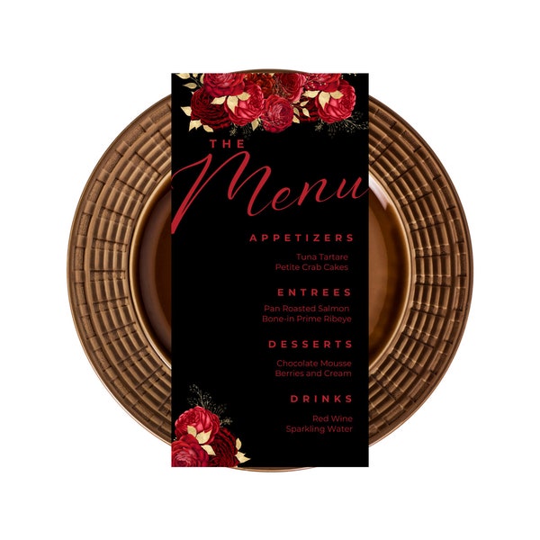 Editable Menu Card Template, Red, Black and Gold Menu Cards, Floral, Dinner Menu, Table Menu, Wedding Menu, Brunch Menu, Bar Menu, Printable