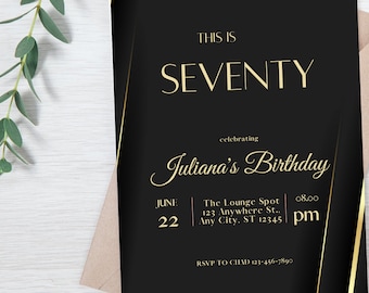 70th Birthday Invitation | Black and Gold Invitation | Email Invitation | | Birthday Invite | Digital Invite | Text Invite | Editable