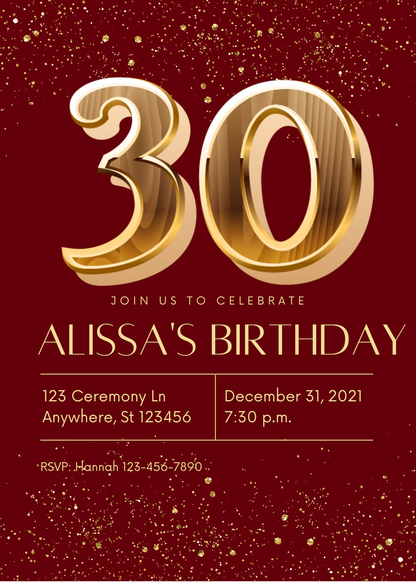 Editable 30th Birthday Party Invitation, Burgundy and Gold, Invitation ...