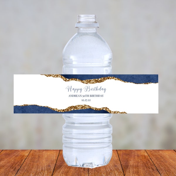Editable Blue, Gold and White Water Bottle Label Template, Blue and White, Party Favor, Birthday, Wedding, Baby Shower, Printable, Instant