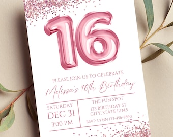 May include: Pink and white birthday invitation with a large pink number 16. The text reads "Please join us to celebrate Melissa's 16th Birthday". The invitation includes the date, time, and location of the party.