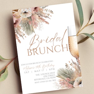 Editable Boho Bridal Brunch Invitation, Pampas, Boho Floral, Bridal Shower, Printable or Digital Invite