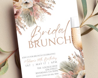 Editable Boho Bridal Brunch Invitation, Pampas, Boho Floral, Bridal Shower, Printable or Digital Invite