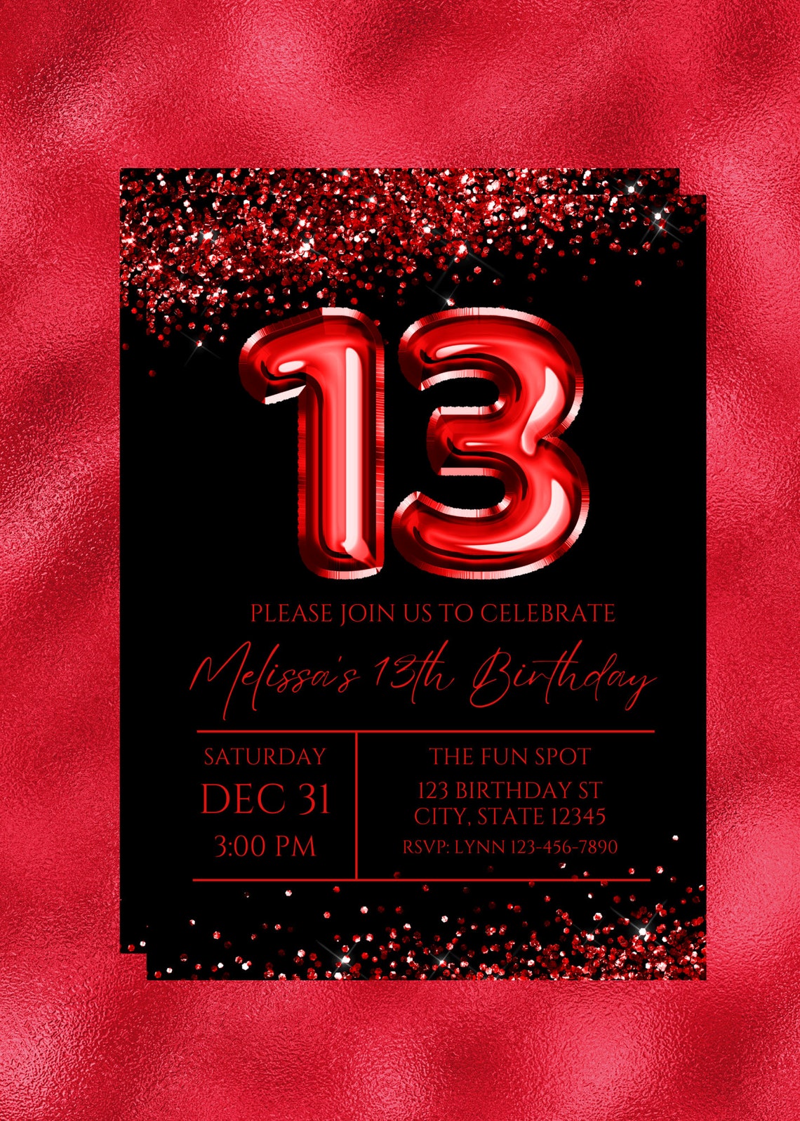 Editable 13th Birthday Invitation, Red and Black Invitation, Red 13 ...