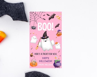 Printable Boo Gift Tags Pink, Halloween Favor Tags, Trick or Treat Bag Tag Halloween Party Tag, Birthday Tag Ghost Editable Instant Download