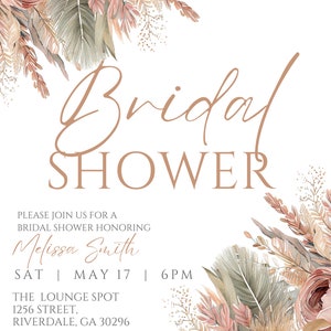 May include: A bridal shower invitation with a floral design in shades of pink, beige, and brown. The text reads "Bridal Shower" and includes the bride's name, date, time, and location. RSVP information is also included.