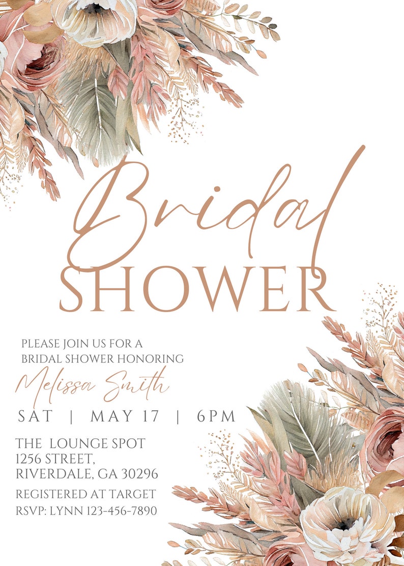 May include: A bridal shower invitation with a floral design in shades of pink, beige, and brown. The text reads "Bridal Shower" and includes the bride's name, date, time, and location. RSVP information is also included.