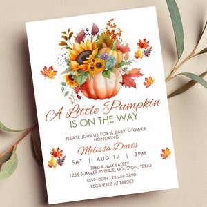 Editable A Little Pumpkin Is on the Way Baby Shower Invitation Fall Invitation Autumn Baby Shower Printable or Digital Invite