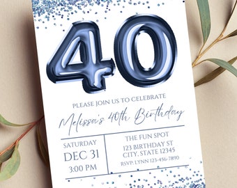 40th Birthday Invitation, Navy Blue and White Balloon, Editable, Digital Download