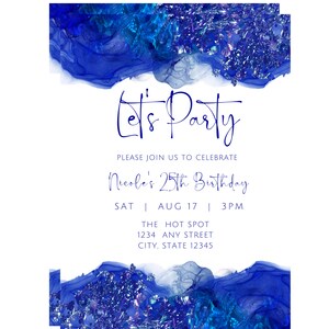 Editable Blue and White Invitation, Let's Party Birthday Invite, Glam ...