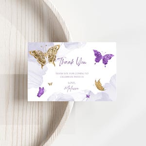 Editable Purple and Gold Butterfly Thank You Card, Printable, Digital ...