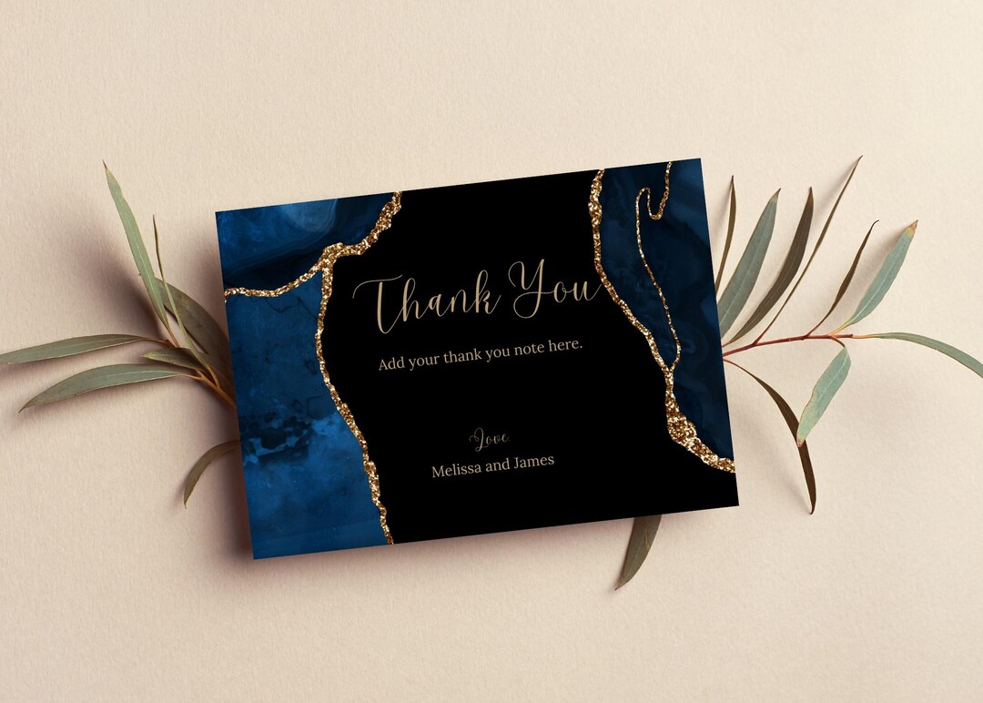 Printable Thank You Card, Editable Blue and Gold Thank You Note, Blue ...