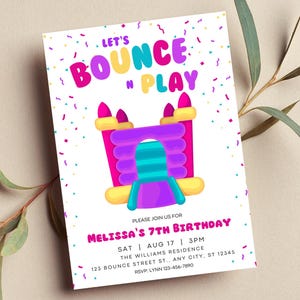 Editable Bounce House Birthday Invitation, Bounce and Play, Girl, Printable or Digital Invitation