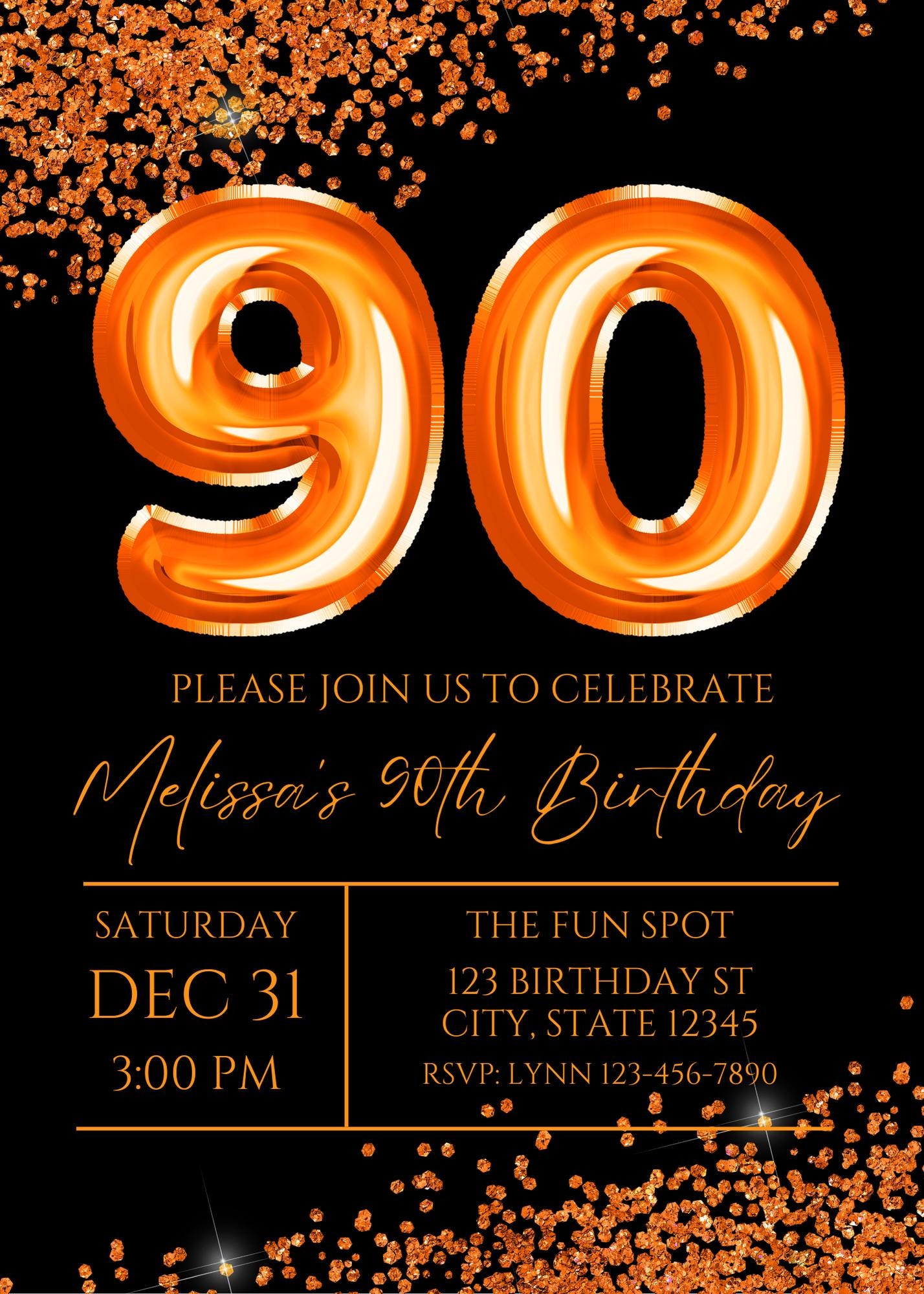 Editable 90th Birthday Invitation, Orange and Black Invitation, Orange ...