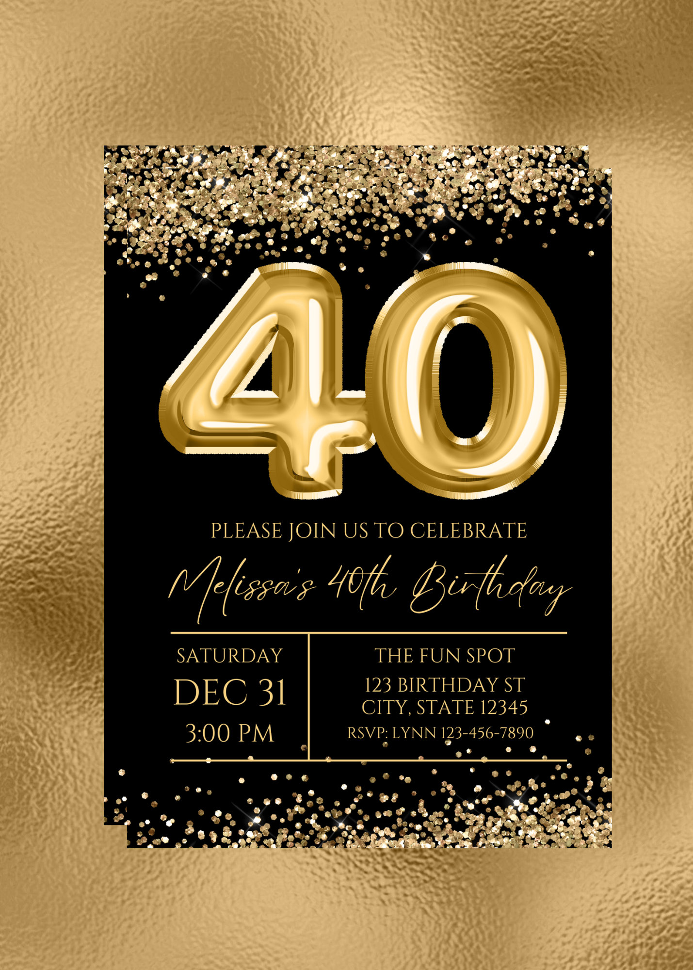 Invitación editable para 40 cumpleaños, invitación negra y dorada, globo  dorado, cumpleaños importante, brillo, imprimible o digital - Etsy México, image size:1429x2000