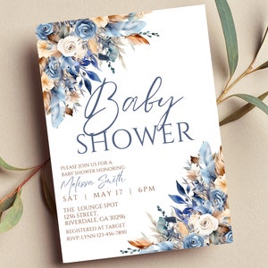 Editable Boho Baby Shower Invitation, Blue, Pampas, Boho Floral, Printable or Digital