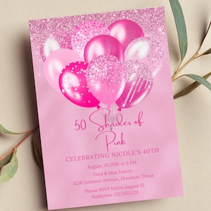 Editable Shades of Pink Birthday Invitation, Pink Invite, Pink Balloons, Printable or Text