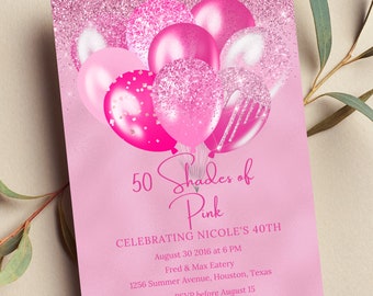 Editable Shades of Pink Birthday Invitation, Pink Invite, Pink Balloons, Printable or Text