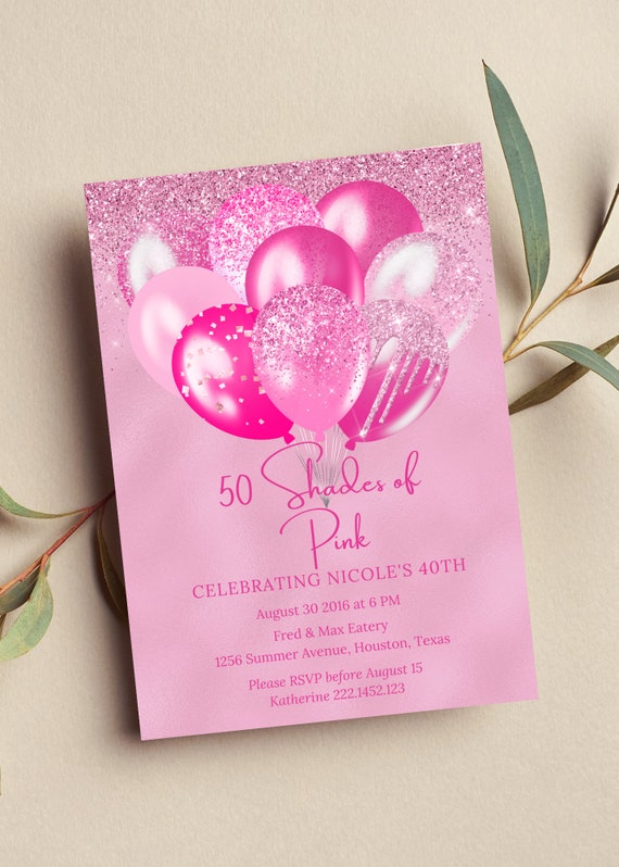 Editable Shades of Pink Birthday Invitation, Pink Invite, Pink Balloons, Printable or Text
