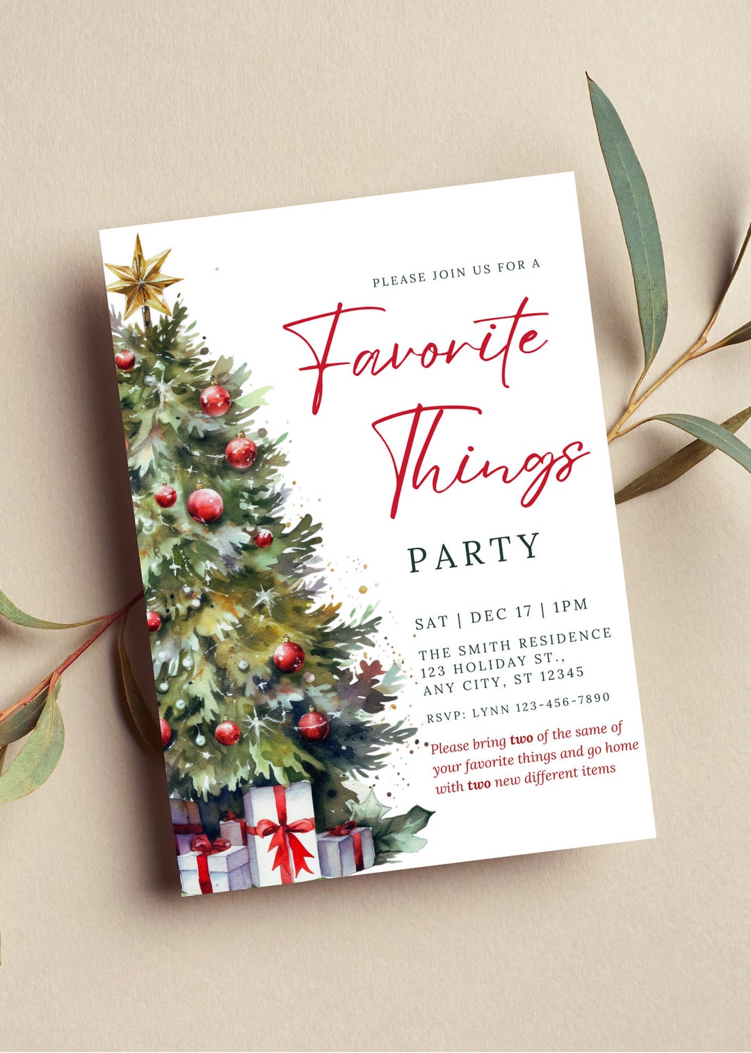 Editable Favorite Things Party Invitation, Gift Exchange Christmas ...