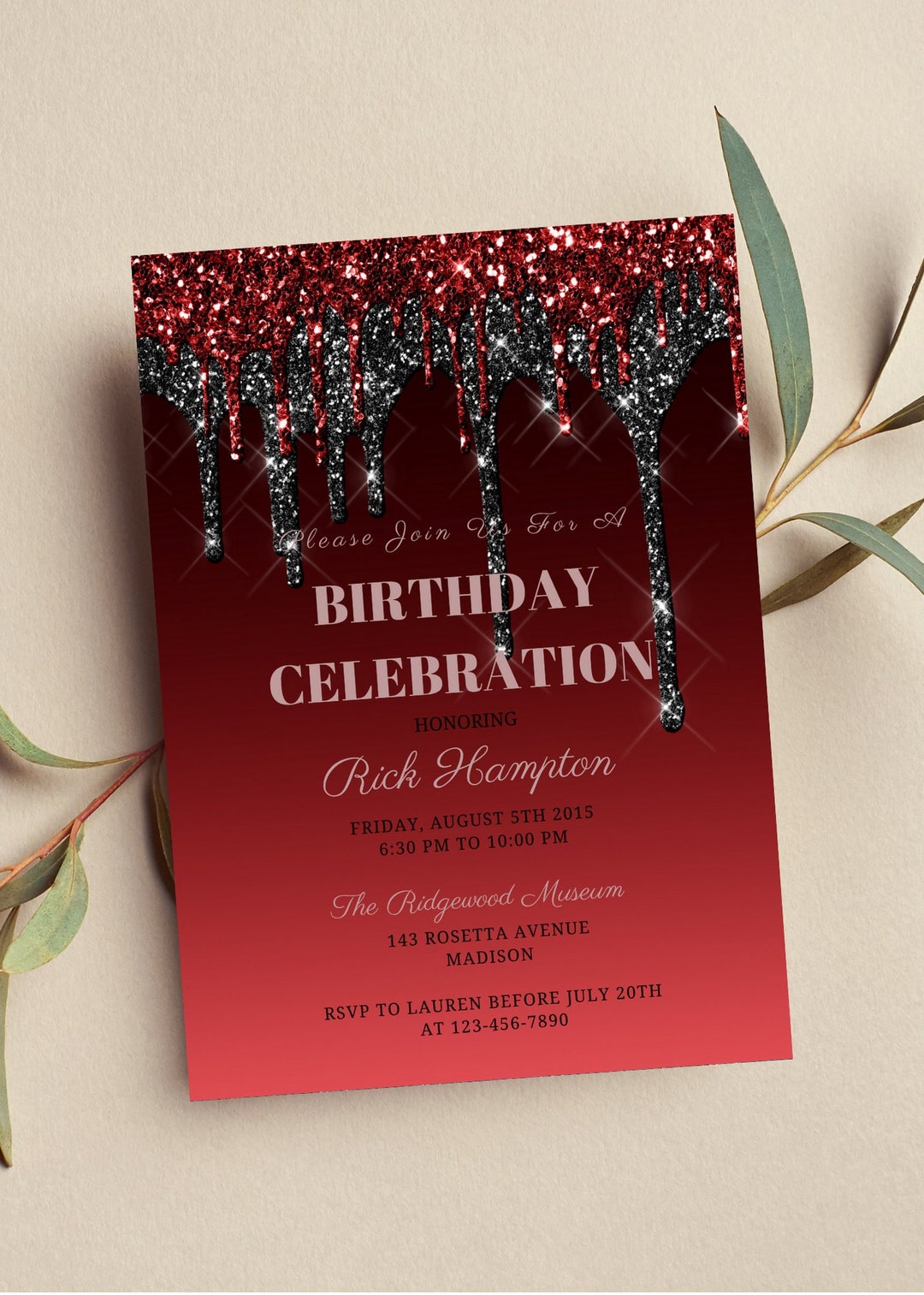 Editable Red and Black Birthday Invitation, Red and Black Drip