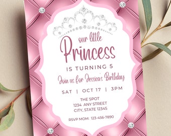Editable Princess Birthday Invitation, Our Little Princess, Princess Party, Girl Birthday, Pink and Silver, Print or Text Invite