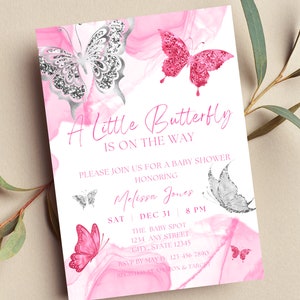 Editable Butterfly Baby Shower Invitation, A Little Butterfly is on the Way, Pink and Silver Butterflies, Printable or Text Invite