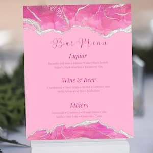 Bearbeitbare Rosa und Silber Bar Menükarten Vorlage, Menü in voller Größe, Tischmenü, Abendmenü, Geburtstagsmenü, Hochzeitsmenü, bedruckbar