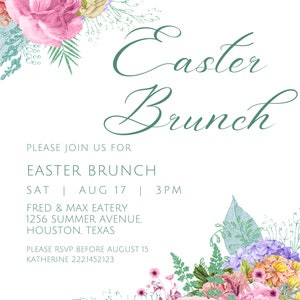 May include: An invitation for an Easter Brunch, featuring floral arrangements of pink, purple, yellow, and green flowers. The text reads "Easter Brunch" in elegant script, with event details below.