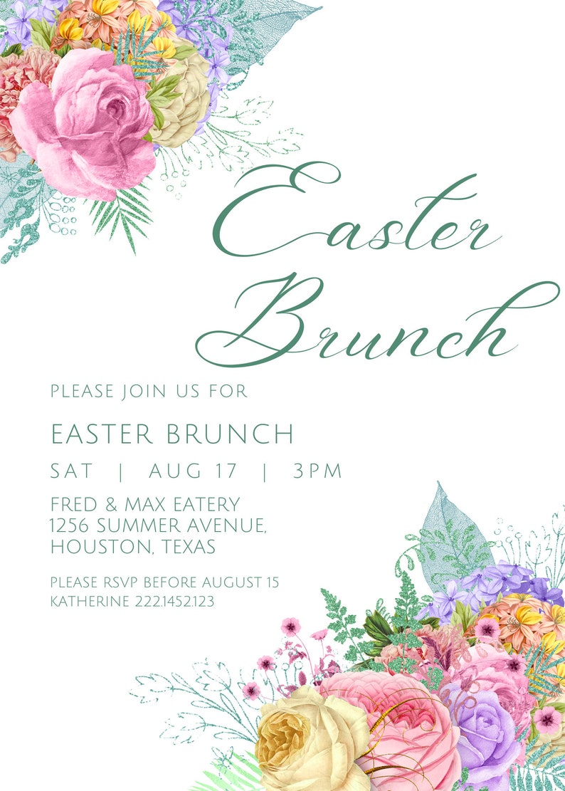 May include: An invitation for an Easter Brunch, featuring floral arrangements of pink, purple, yellow, and green flowers. The text reads "Easter Brunch" in elegant script, with event details below.