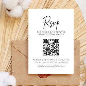 Bewerkbare RSVP-kaart met QR-code, uitnodiging invoegen, bijlagekaart, afdrukbare RSVP-kaart, minimalistisch, bruiloft, vrijgezellenfeest, reactiekaart