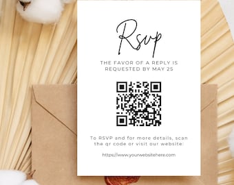 Editable RSVP Card with QR Code, Invitation Insert, Enclosure Card, Printable RSVP Card, Minimalist, Wedding, Bridal Shower, Response Card